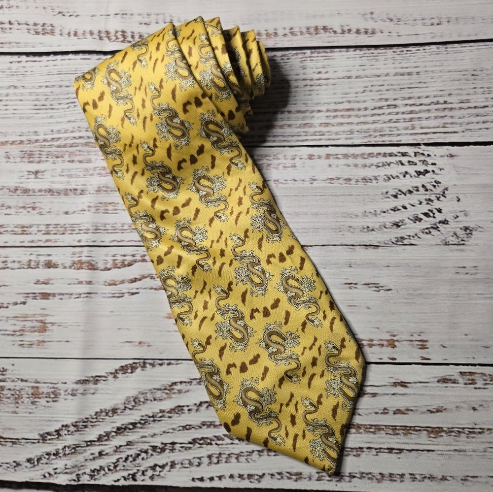 Thuy-Ky Yellow Asian Dragon Design Tie Classic Size Handmade 100% Silk